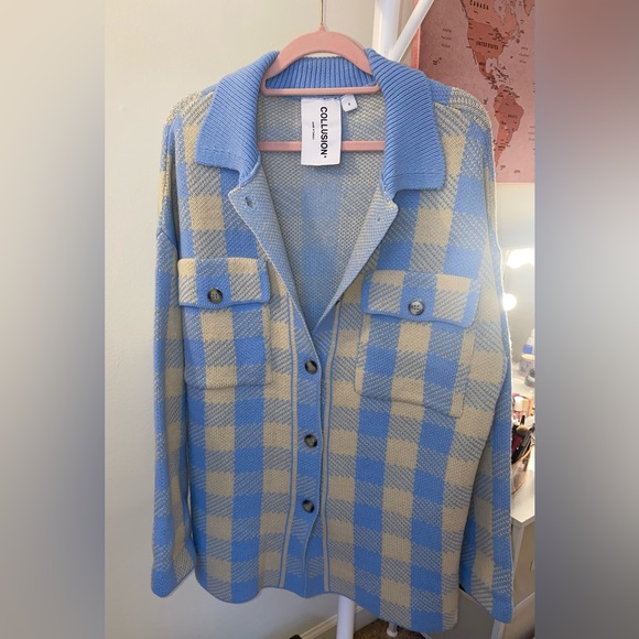 COLLUSION Unisex knitted shacket with pocket detail in checked print - Picture 5 of 6